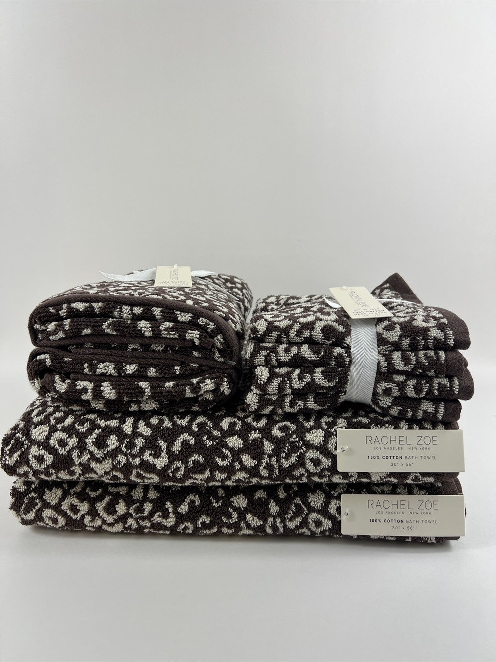 Rachel Zoe Bath Towels Leopard Print Dark Brown and Cream 100% Cotton 8 Pc NEW